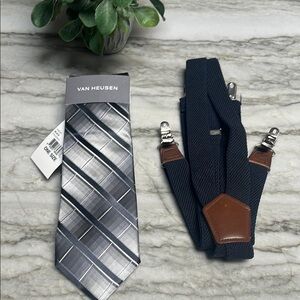 Van Heusen silver/navy Striped Tie and navy leather Suspenders Set